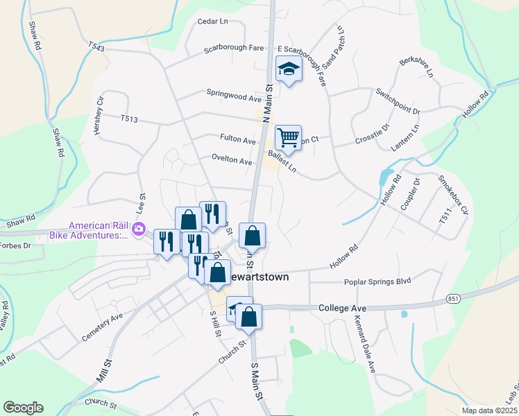 map of restaurants, bars, coffee shops, grocery stores, and more near 45 North Main Street in Stewartstown