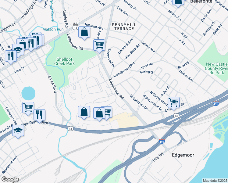 map of restaurants, bars, coffee shops, grocery stores, and more near 5404 Highland Court in Wilmington