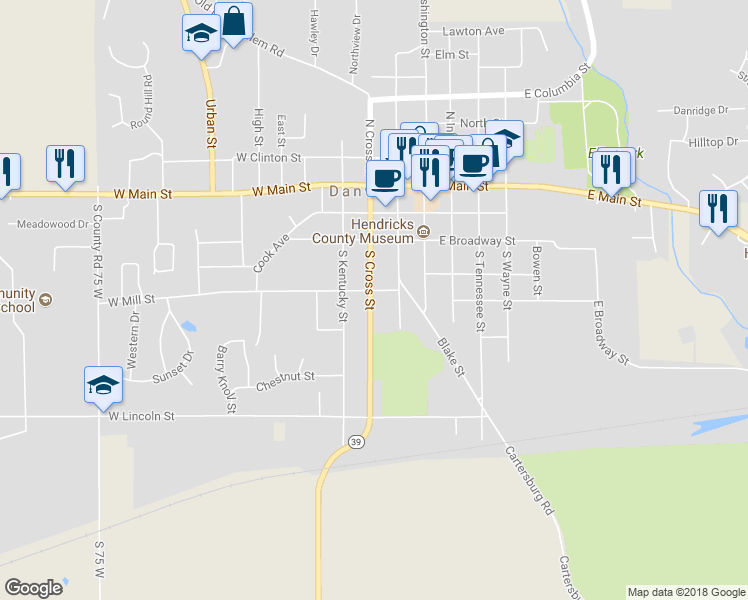 map of restaurants, bars, coffee shops, grocery stores, and more near 419 South Cross Street in Danville
