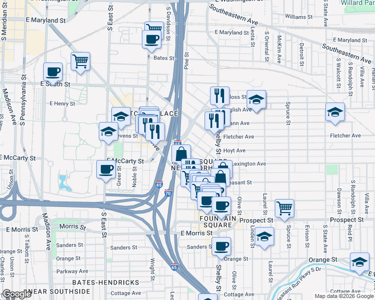 map of restaurants, bars, coffee shops, grocery stores, and more near 930 Lexington Avenue in Indianapolis