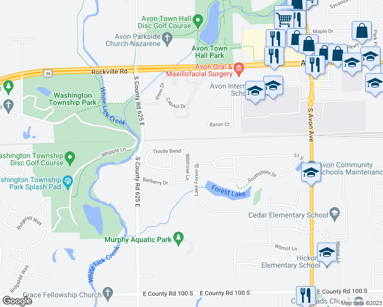 map of restaurants, bars, coffee shops, grocery stores, and more near 361 Wildrose Lane in Avon