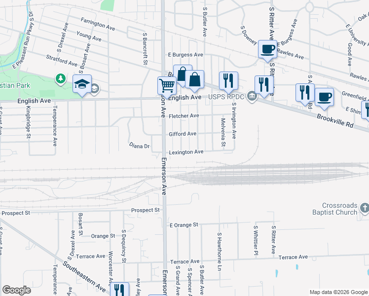 map of restaurants, bars, coffee shops, grocery stores, and more near 729 South Grand Avenue in Indianapolis