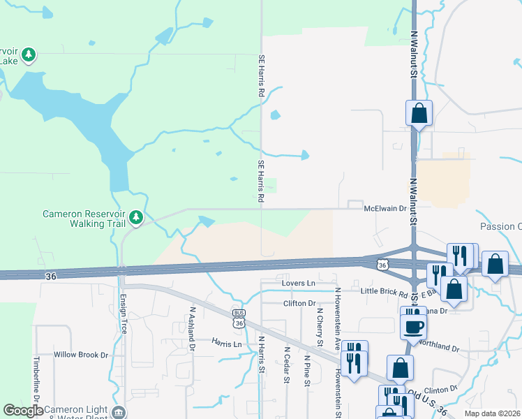 map of restaurants, bars, coffee shops, grocery stores, and more near Southeast Harris Road in Cameron