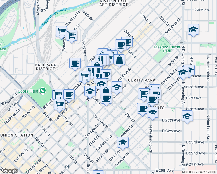 map of restaurants, bars, coffee shops, grocery stores, and more near 2533 Lawrence Street in Denver