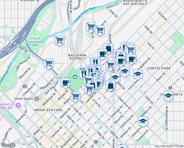map of restaurants, bars, coffee shops, grocery stores, and more near 1551 Park Avenue West in Denver