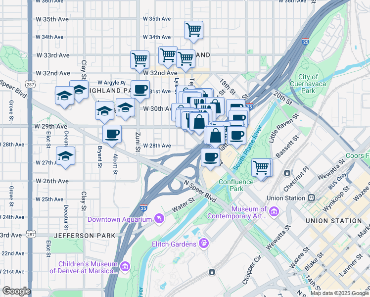 map of restaurants, bars, coffee shops, grocery stores, and more near 2103 West 28th Avenue in Denver