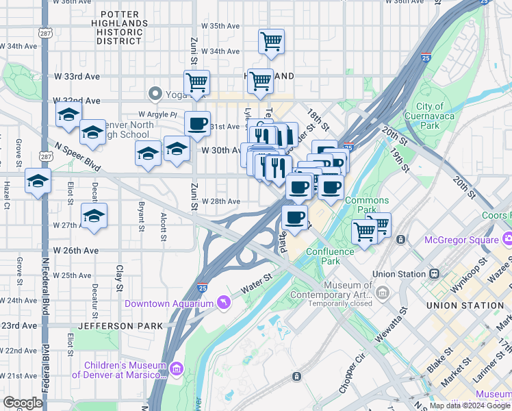 map of restaurants, bars, coffee shops, grocery stores, and more near 2103 West 28th Avenue in Denver