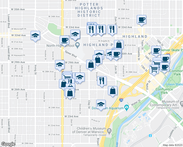 map of restaurants, bars, coffee shops, grocery stores, and more near 2825 Speer Boulevard in Denver