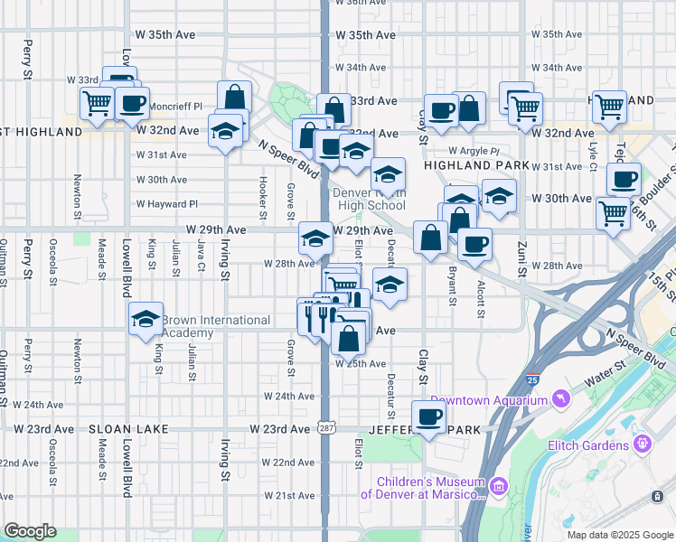 map of restaurants, bars, coffee shops, grocery stores, and more near 2913 West 28th Avenue in Denver