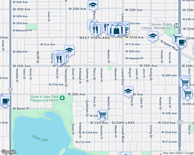 map of restaurants, bars, coffee shops, grocery stores, and more near 2844 Perry Street in Denver