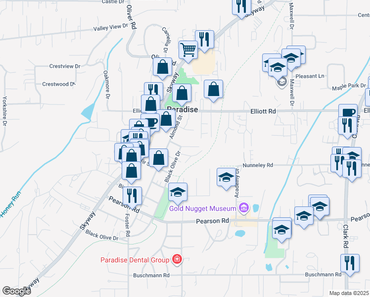 map of restaurants, bars, coffee shops, grocery stores, and more near 759 Willow Street in Paradise