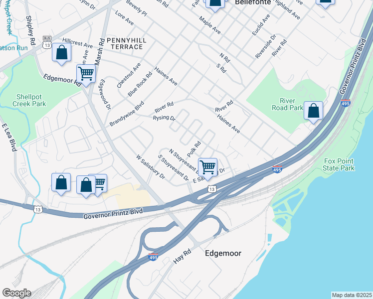 map of restaurants, bars, coffee shops, grocery stores, and more near 51 South Cannon Drive in Wilmington