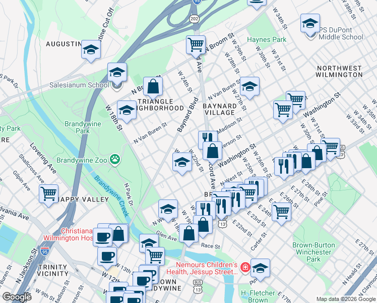 map of restaurants, bars, coffee shops, grocery stores, and more near 502 McCabe Avenue in Wilmington