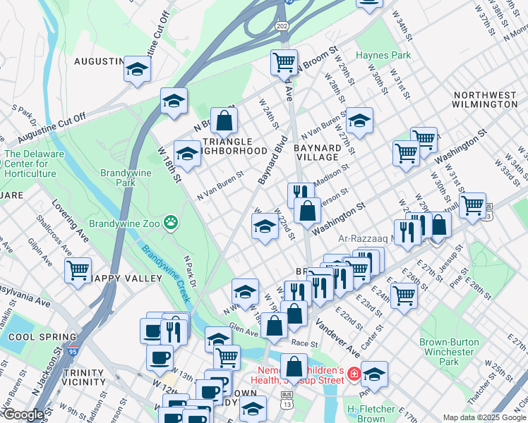 map of restaurants, bars, coffee shops, grocery stores, and more near 2102 Baynard Boulevard in Wilmington