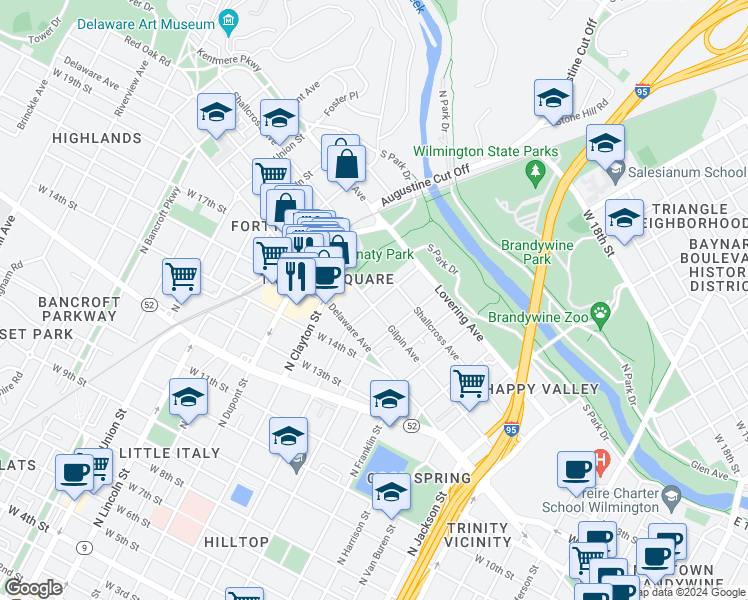 map of restaurants, bars, coffee shops, grocery stores, and more near 1624 Rowan Street in Wilmington