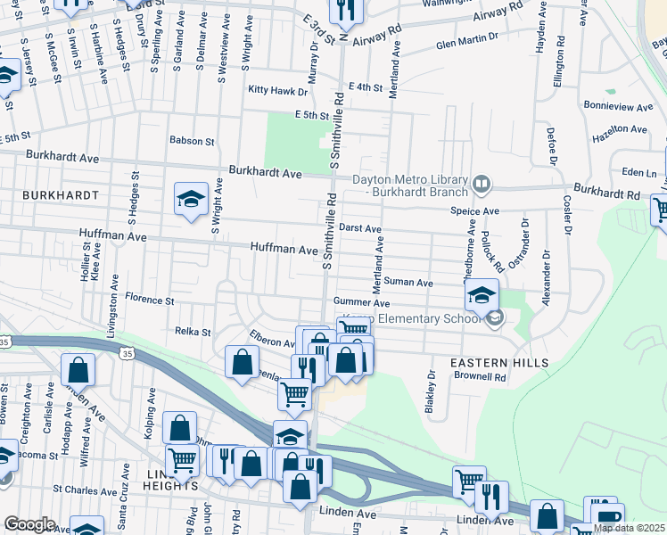 map of restaurants, bars, coffee shops, grocery stores, and more near in Dayton