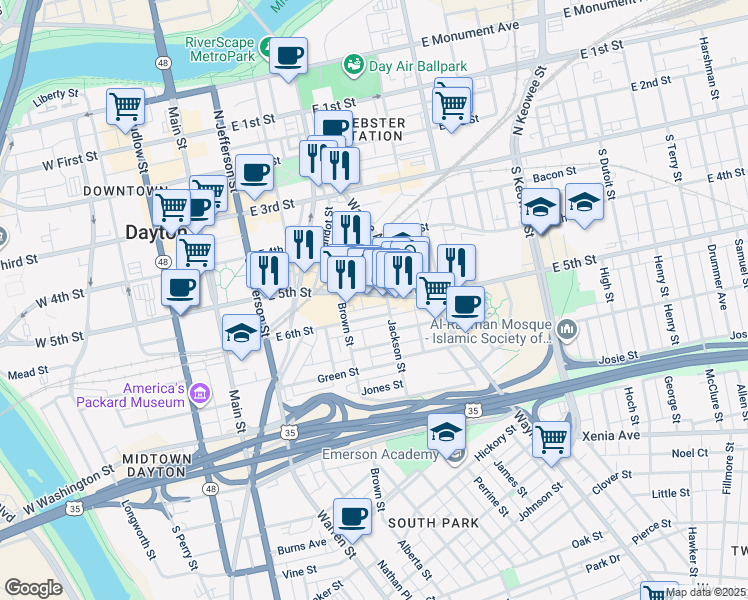 map of restaurants, bars, coffee shops, grocery stores, and more near 411 East 5th Street in Dayton