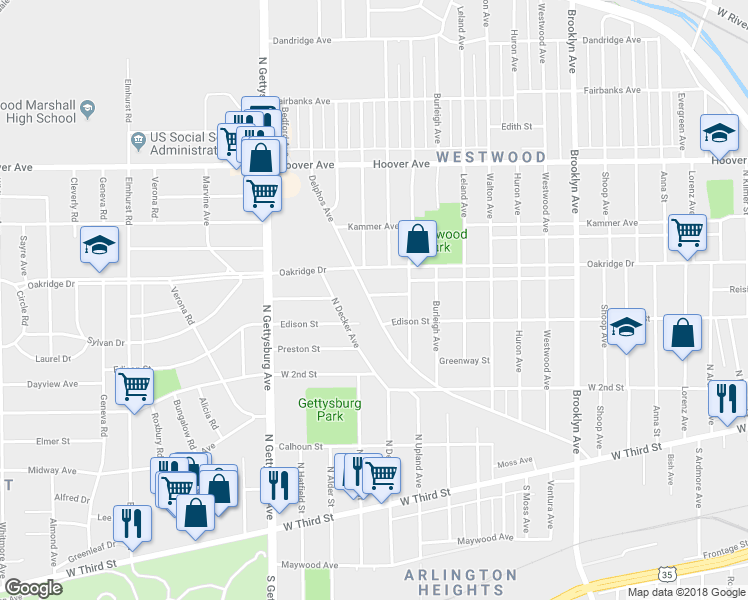 map of restaurants, bars, coffee shops, grocery stores, and more near 2737 Melbourne Avenue in Dayton