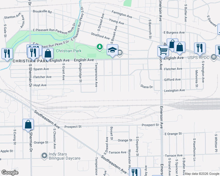 map of restaurants, bars, coffee shops, grocery stores, and more near 727 South Drexel Avenue in Indianapolis