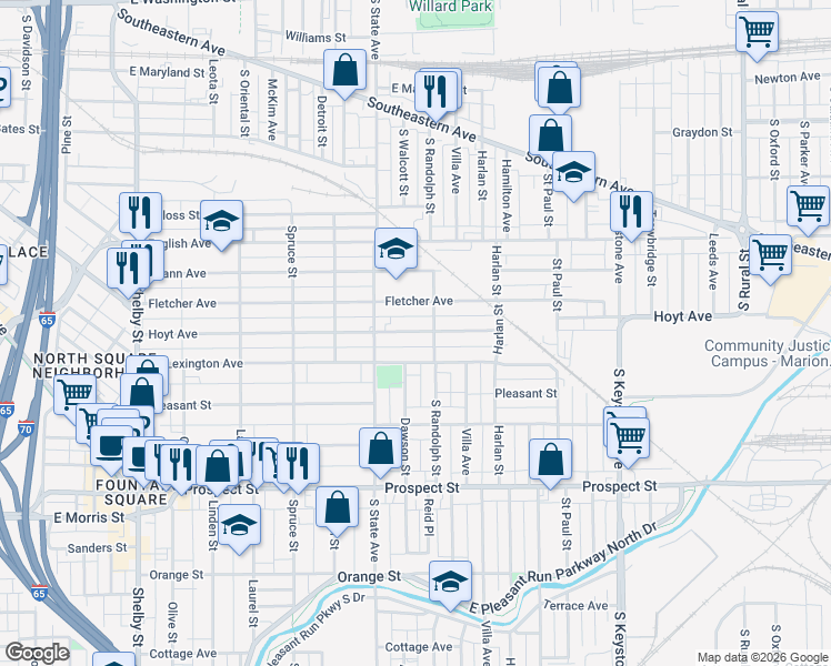map of restaurants, bars, coffee shops, grocery stores, and more near 1835 Fletcher Avenue in Indianapolis