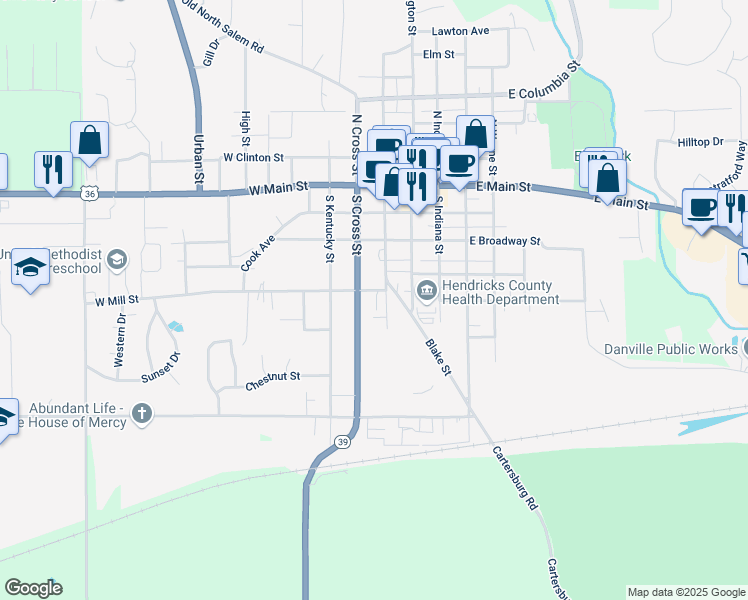 map of restaurants, bars, coffee shops, grocery stores, and more near 297 South Cross Street in Danville