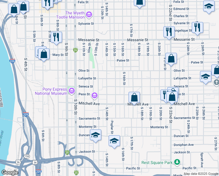 map of restaurants, bars, coffee shops, grocery stores, and more near 1110 South 14th Street in Saint Joseph