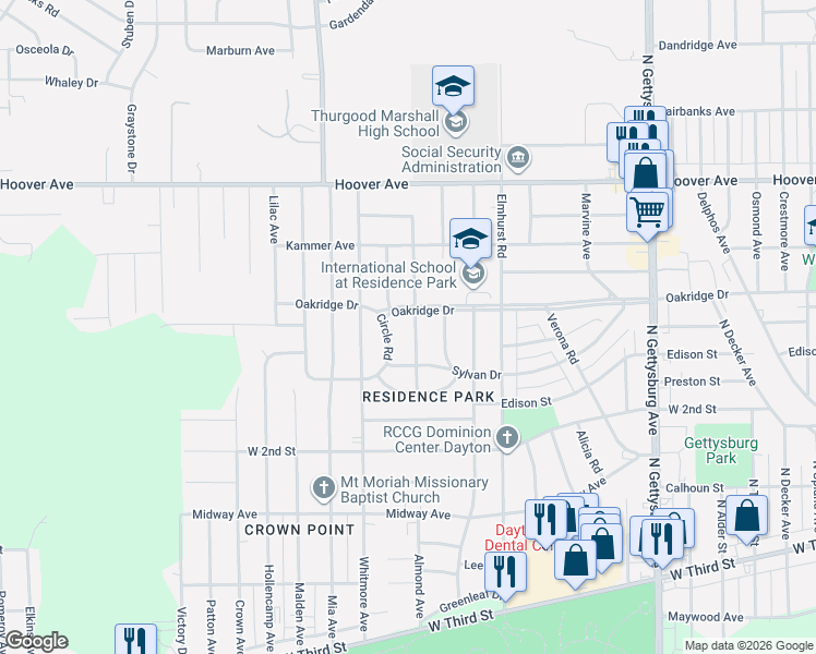 map of restaurants, bars, coffee shops, grocery stores, and more near 4524 Oakridge Drive in Dayton