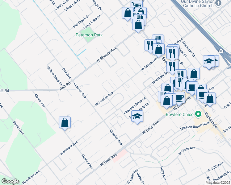 map of restaurants, bars, coffee shops, grocery stores, and more near 2 Northwood Commons Place in Chico