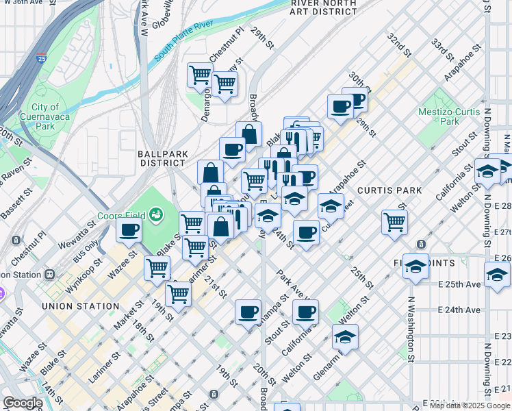 map of restaurants, bars, coffee shops, grocery stores, and more near 2441 Broadway in Denver