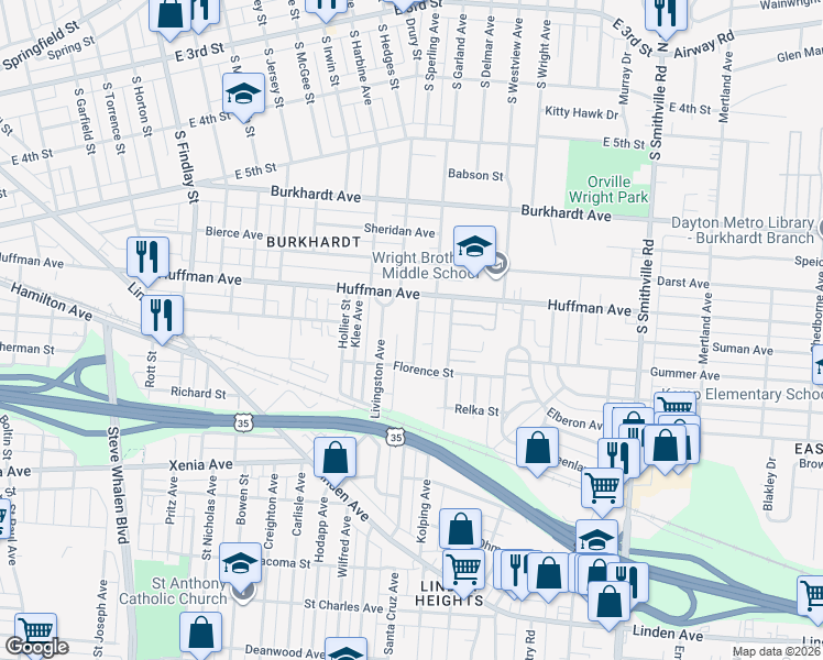 map of restaurants, bars, coffee shops, grocery stores, and more near 39 Parnell Avenue in Dayton