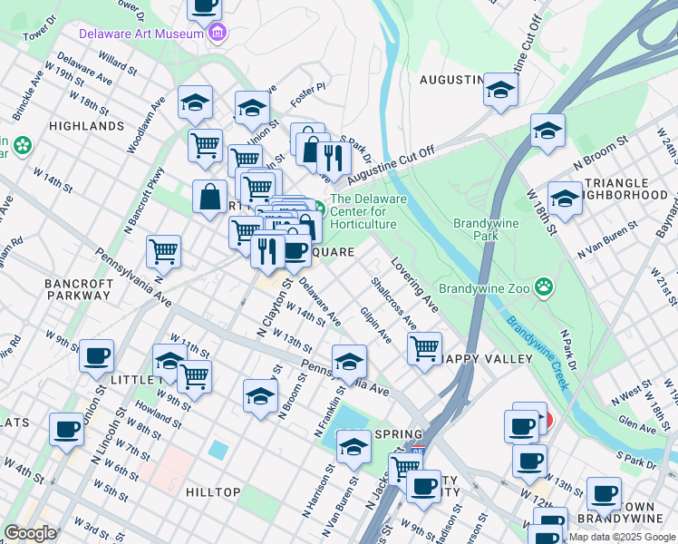 map of restaurants, bars, coffee shops, grocery stores, and more near 1603 North Rodney Street in Wilmington
