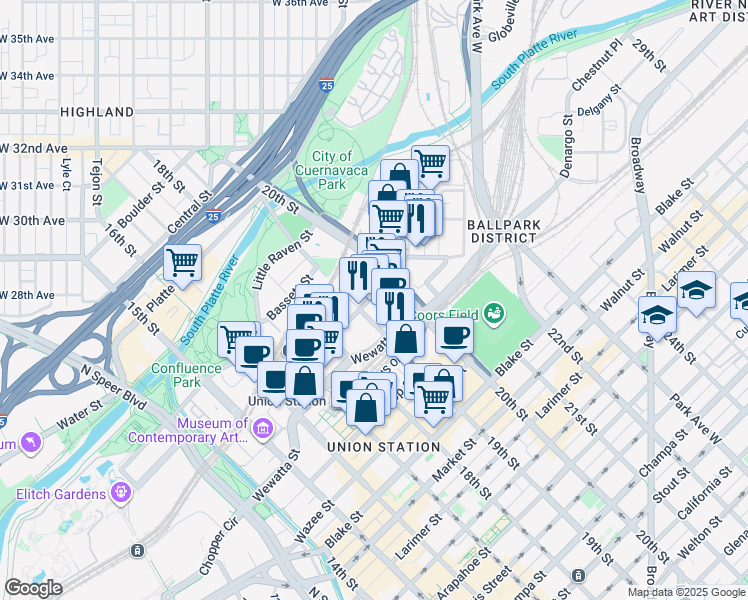 map of restaurants, bars, coffee shops, grocery stores, and more near 1920 Chestnut Place in Denver