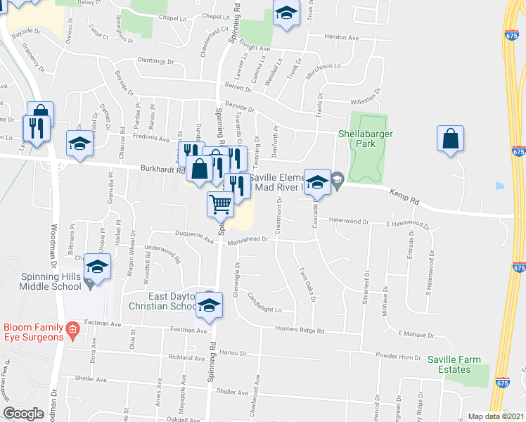 map of restaurants, bars, coffee shops, grocery stores, and more near 5636 Burkhardt Road in Dayton