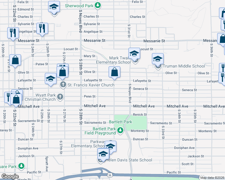 map of restaurants, bars, coffee shops, grocery stores, and more near 3011 Seneca Street in Saint Joseph