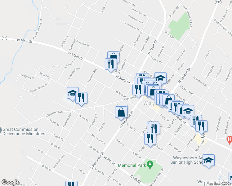 map of restaurants, bars, coffee shops, grocery stores, and more near 230 West 2nd Street in Waynesboro