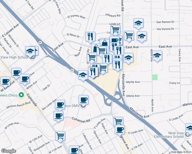 map of restaurants, bars, coffee shops, grocery stores, and more near 2201 Pillsbury Road in Chico