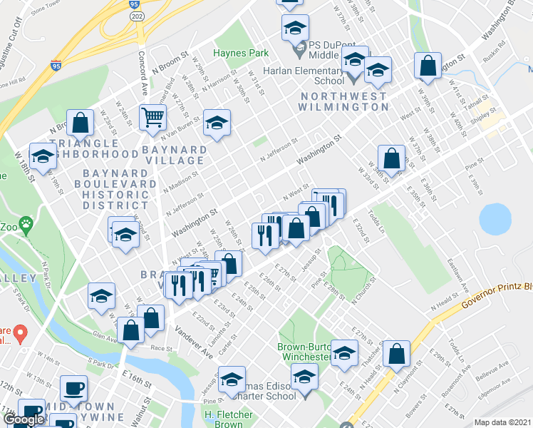 map of restaurants, bars, coffee shops, grocery stores, and more near 207 West 28th Street in Wilmington