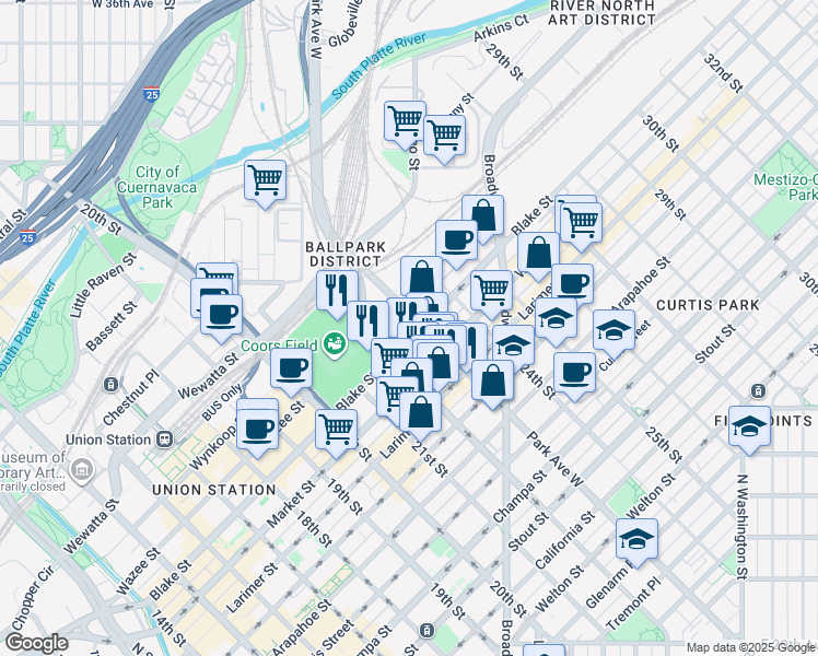 map of restaurants, bars, coffee shops, grocery stores, and more near 2301 Blake Street in Denver