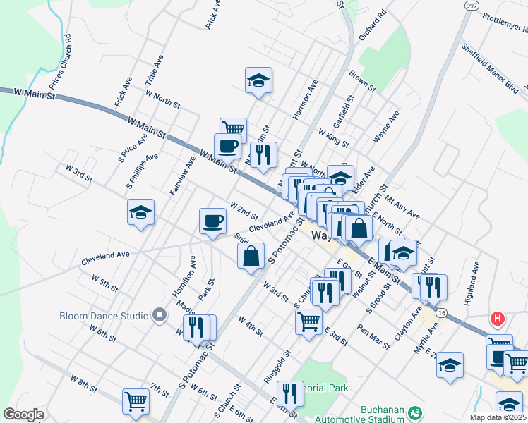 map of restaurants, bars, coffee shops, grocery stores, and more near 28 South Grant Street in Waynesboro