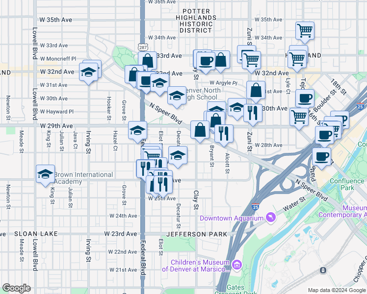 map of restaurants, bars, coffee shops, grocery stores, and more near 2740 West 28th Avenue in Denver
