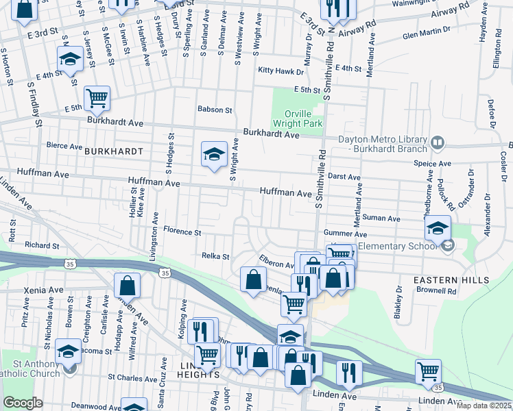 map of restaurants, bars, coffee shops, grocery stores, and more near 1434 Huffman Avenue in Dayton