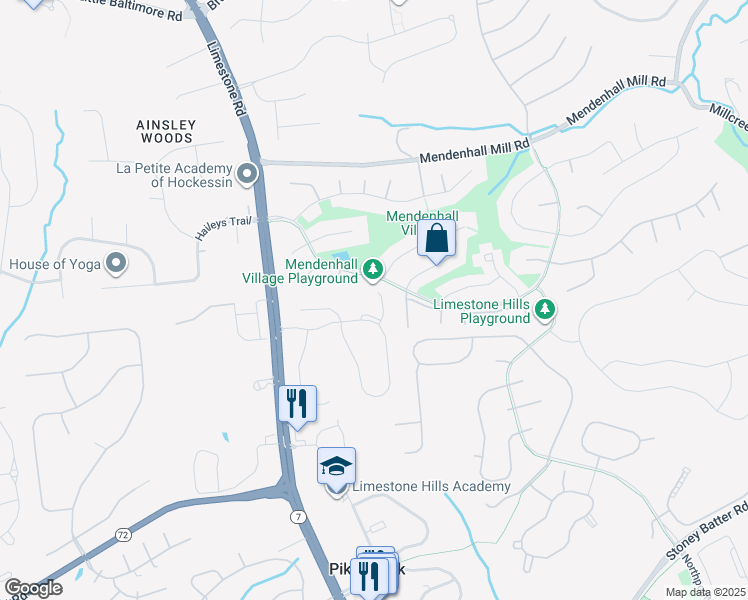 map of restaurants, bars, coffee shops, grocery stores, and more near 435 Scarecrow Court in Hockessin