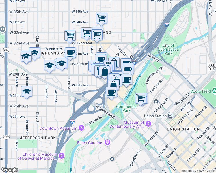 map of restaurants, bars, coffee shops, grocery stores, and more near CanAm Highway in Denver