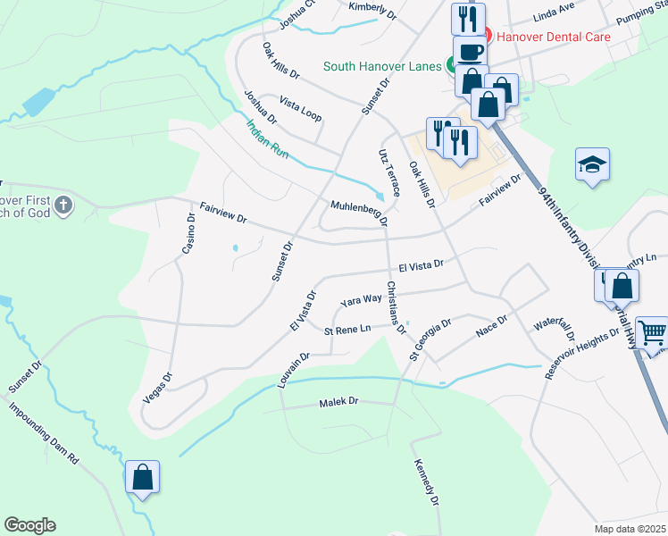 map of restaurants, bars, coffee shops, grocery stores, and more near 372 El Vista Drive in Hanover