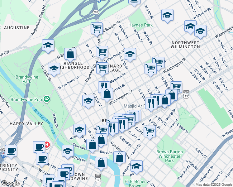 map of restaurants, bars, coffee shops, grocery stores, and more near 311 West 24th Street in Wilmington