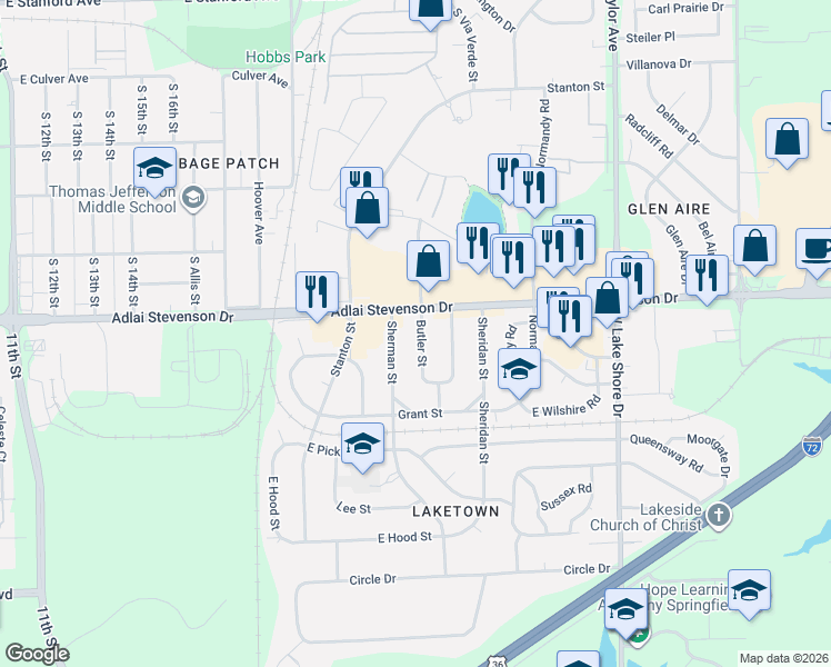 map of restaurants, bars, coffee shops, grocery stores, and more near 3200-3224 Sherman Street in Springfield