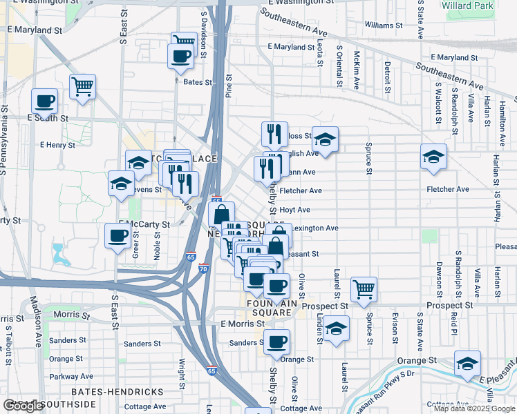 map of restaurants, bars, coffee shops, grocery stores, and more near 1029 Fletcher Avenue in Indianapolis