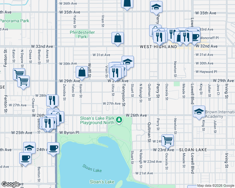 map of restaurants, bars, coffee shops, grocery stores, and more near 4444 West 28th Avenue in Denver