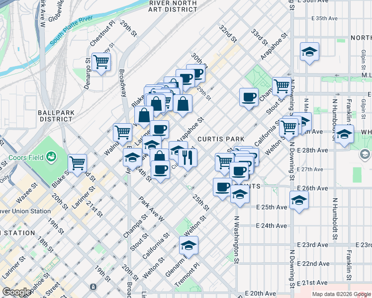 map of restaurants, bars, coffee shops, grocery stores, and more near 2663 Curtis Street in Denver