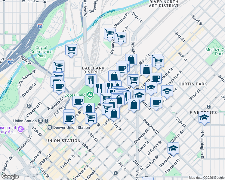 map of restaurants, bars, coffee shops, grocery stores, and more near 1551 Park Avenue West in Denver